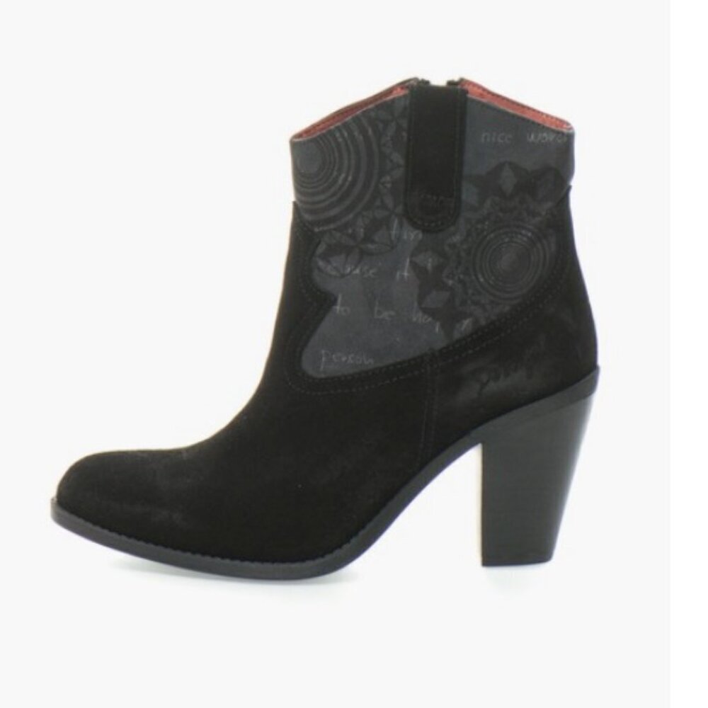 DESIGUAL Suede Ankle Boot Western Boho Style Black Grey Design Pink EU 39/US 8.5
